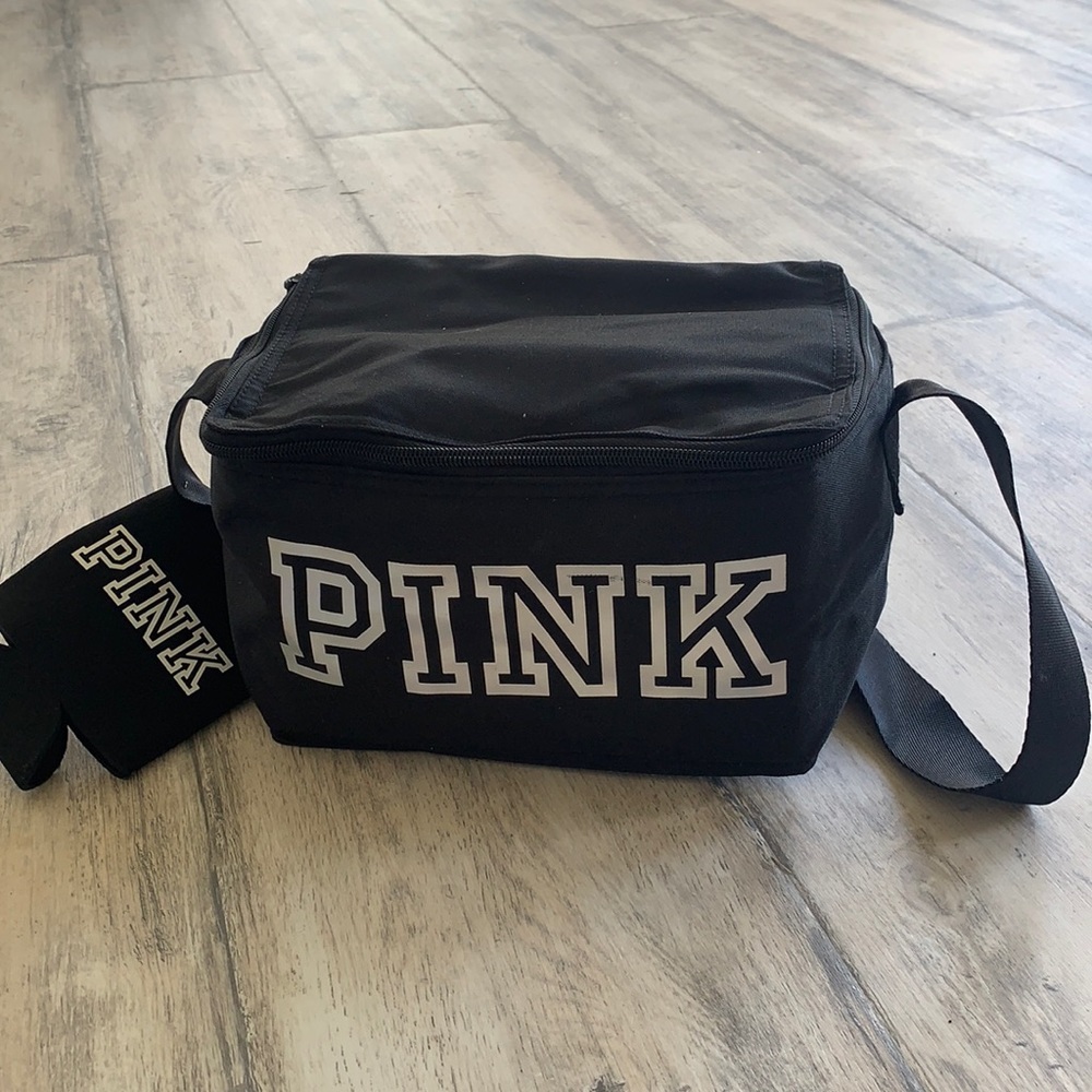 Victoria secret logo pink black cooler lunchbox bag w/ drink holder Nwt